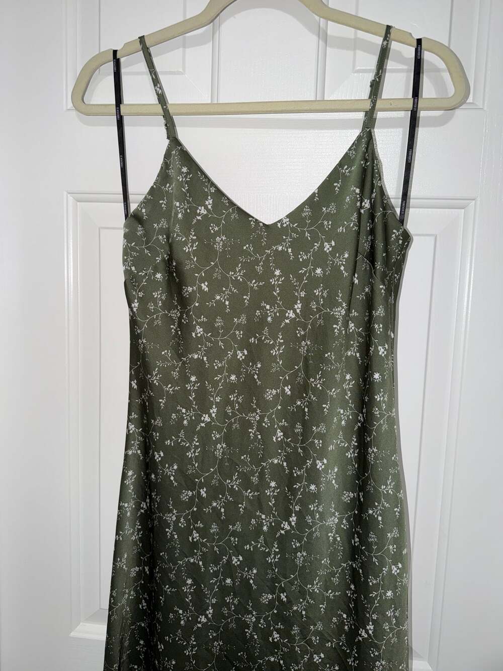 Olive green floral satin slip dress